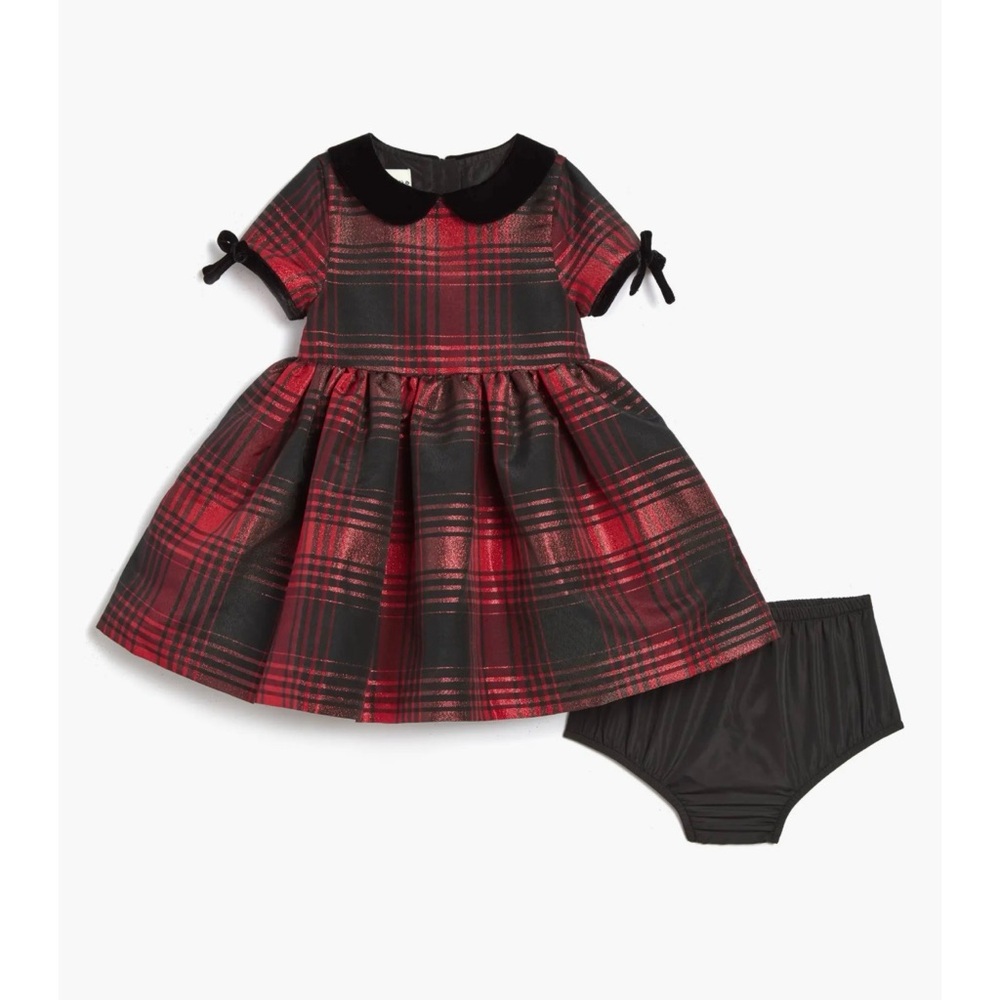 Molly Velvet Trim Plaid Peter Pan Collar Party Dress with Bloomers